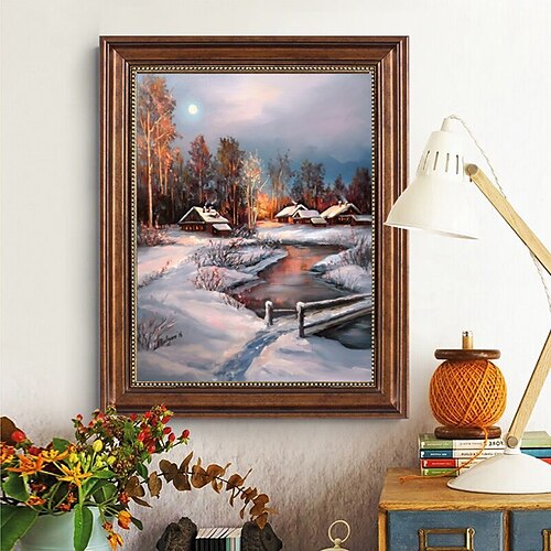 

Peinture à l'huile faite à la main sur toile, décoration murale, paysage classique, scène de neige de village pour la décoration intérieure, peinture roulée sans cadre, non étirée, cadeau de noël