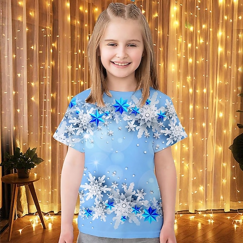 

Natal Para Meninas 3D Floco de Neve Camiseta Camisa Rosa Manga Curta Impressão 3D Verão Primavera Ativo Moda Estilo bonito Poliéster Infantil 3-12 anos Gola Redonda Ao ar livre Casual Diário Normal