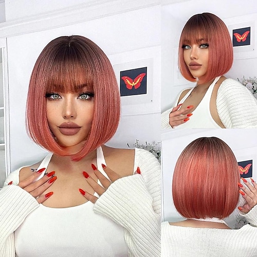 

Fashion Half Red And Half Blonde Short Bob Wig Synthetic Wigs For Women 14inch Straight Wigs Heat Resistant Cosplay Halloween Party Lolita Natural Daily Hair Wigs