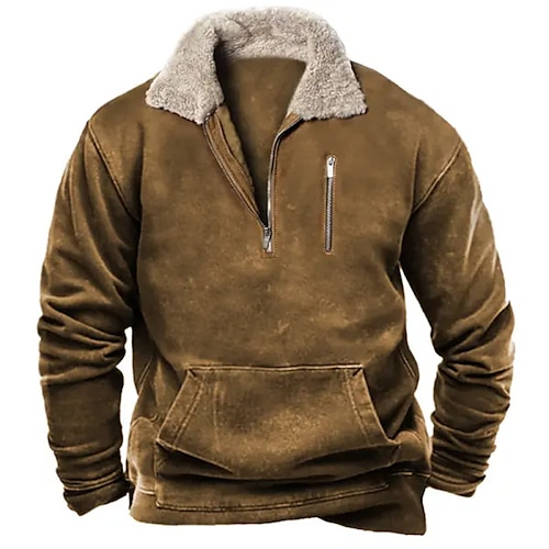 

Herren Sweatshirt Pullover Sweatshirt mit Viertelreißverschluss Braun Troyer Halber Reißverschluss Glatt Tasche Sport Natur Täglich Festtage Vintage Brautkleider schlicht Dünnes Vlies Herbst Winter