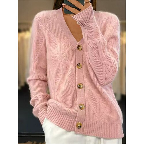 

Women's Cardigan V Neck Cable Knit Acrylic Button Knitted Fall Winter Regular Outdoor Daily Going out Fashion Streetwear Casual Long Sleeve Solid Color White Pink Camel S M L