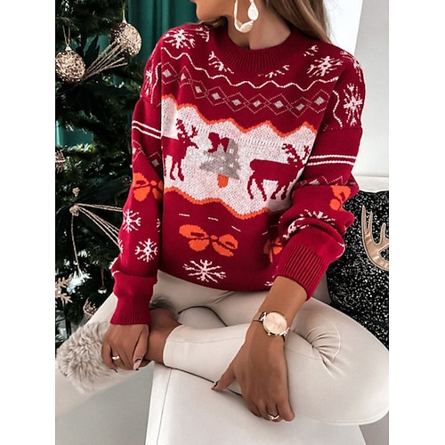 

Damen Pullover Weihnachtspullover Rundhalsausschnitt Grobstricken Stricken Polyester Acryl Stickerei Sommer Herbst Winter Standard Weihnachten Neujahr Täglich Modisch Täglich Langarm Jeder