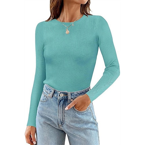 

Mujer Suéter de punto Cuello Barco Estriado Tejer Poliéster De Punto Otoño Invierno Regular Exterior Diario Noche Elegante Casual Suave Manga Larga Color sólido Blanco Rosa Azul Marino S M L