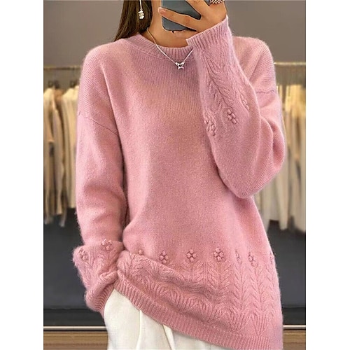 

Women's Pullover Sweater Jumper Crew Neck Ribbed Knit Acrylic Knitted Fall Winter Regular Outdoor Daily Going out Fashion Casual Soft Long Sleeve Solid Color Pink Blue Camel S M L