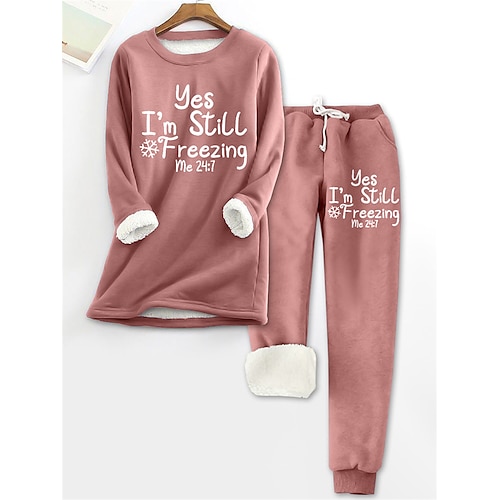 

dame fleece pyjamas sett salongsett bokstav varm komfort myk hjem daglig seng fleece varm pustende rund hals langermet genser bukse elastisk midje høst vinter rosa