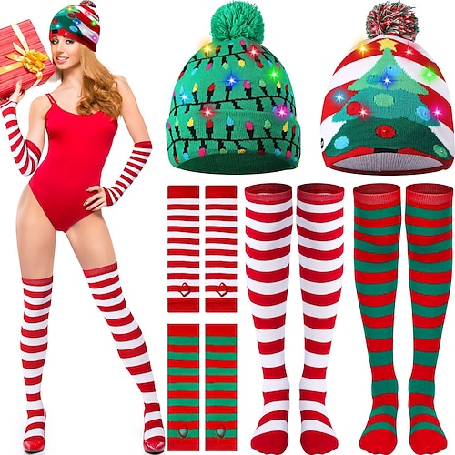 

Lot de 6 bonnets tricotés à LED de Noël avec chaussettes rayées au-dessus du genou et gants chauds à bras longs illuminent le bonnet de Noël pour adultes femmes garçons filles fournitures de fête