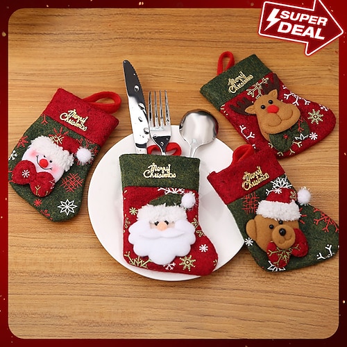 

Christmas Knife Fork Bags Santa Claus Vintage Gloves Tableware Holder Xmas Cutlery Storage Home Kitchen Party Ornament