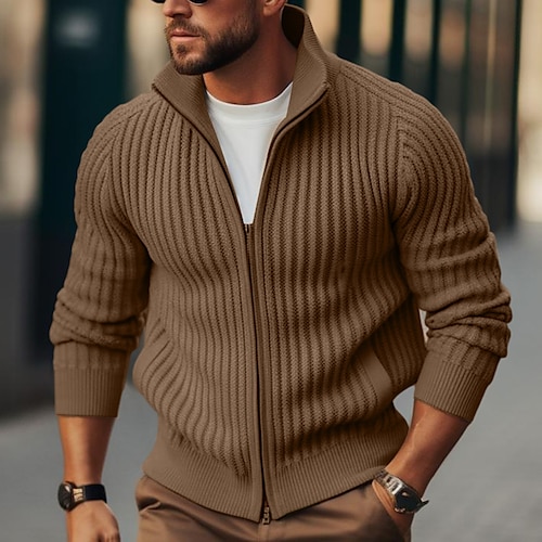 

Men's Cardigan Cropped Sweater Cardigan Sweater Zip Sweater Ribbed Knit Regular Knitted Plain Stand Collar Warm Ups Modern Contemporary Daily Wear Going out Clothing Apparel Winter Army Green Black