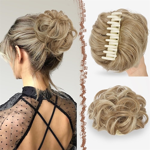 

Claw Clip Messy Bun Hair Piece Hair Buns Mixed Blonde and Ash Blonde Tips Curly Wavy Hairpieces Updos Synthetic Chignon Hair Scrunchies Hair Bun Hair Pieces for Women 1PCS