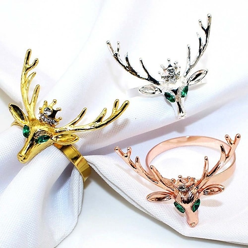 

12pcs Christmas Golden Deer Head Napkin Ring Metal Napkin Button Napkin Ring