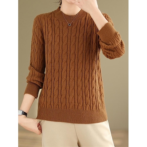 

Pull Femme torsadé Tricoter Col Ras du Cou Polyester Tricoté Automne Hiver Normal Extérieur du quotidien Sortie Rétro Vintage Mode Vêtement de rue manche longue Couleur unie Noir Marron Café Taille