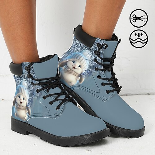 

Women's Boots Print Shoes Combat Boots Plus Size Outdoor Daily Animal Patterned 3D Pets Booties Ankle Boots Winter Flat Heel Round Toe Closed Toe Fashion Casual Faux Leather Lace-up Blue