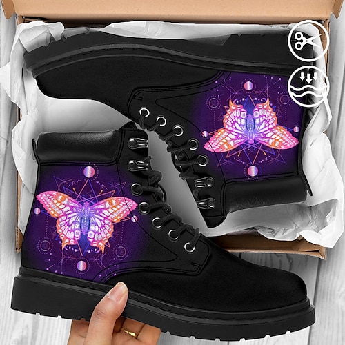 

Botas de mujer botines con cordones cómodos de piel sintética con estampado gráfico de mariposa morada