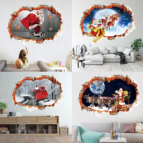 

Calcomanías de pared de navidad 3d pegatinas de pared de santa claus navidad romper a través de la pared pegatinas de vinilo santa claus llevando regalos calcomanías de mural de pared decoración del