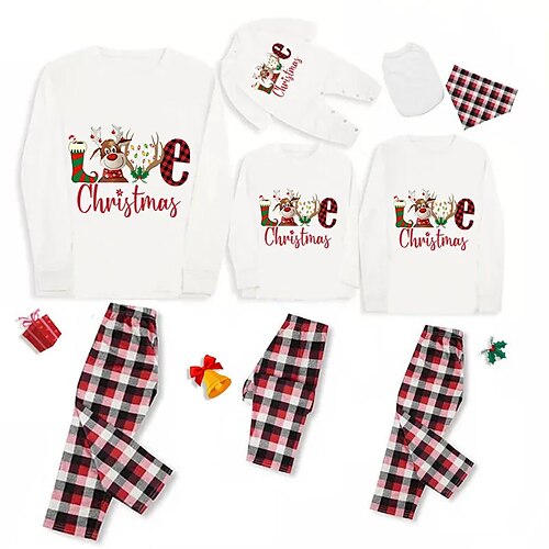 

Mirada familiar Navidad Pijamas Caricatura Plaid Letra Hogar Estampado Blanco Manga Larga Trajes de mamá y yo Activo Trajes a juego