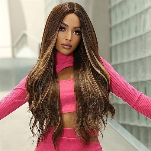 

Long Brown Ombre Wig - Natural Looking Synthetic Hair with Heat Resistant Fiber for Daily and Party Use - 28 Inch Middle Part Wavy Curly Style