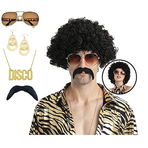 

créations femmes/hommes perruque afro disco hippie accessoires de costume ensemble avec perruque afro funky noire collier lunettes boucles d'oreilles et moustache pour fête des années 50 60 70