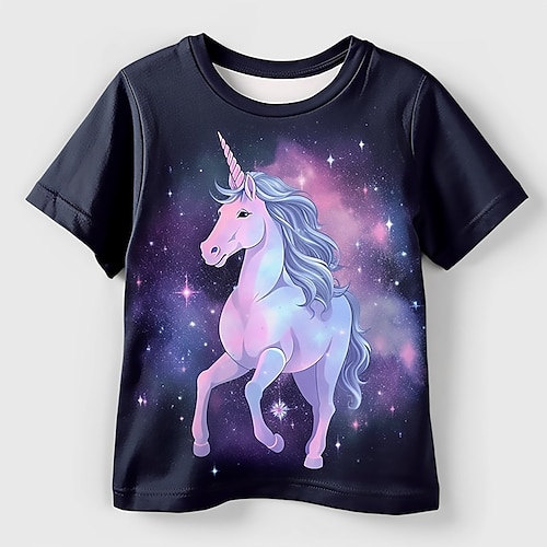 

Girls' 3D Unicorn Tee Shirt Short Sleeve 3D Print Fall Winter Active Fashion Cute Polyester Kids 3-12 Years Crew Neck Outdoor Casual Daily Regular Fit