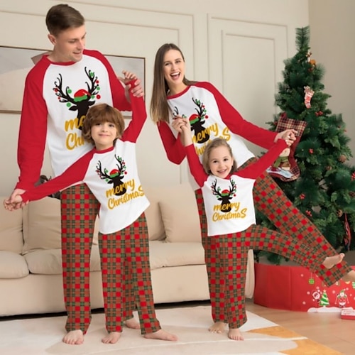 

Famille Noël Pyjamas Lettre Pyjamas de Noël mignons Intérieur Imprimer Rouge manche longue Tenues maman et moi Actif Tenues assorties