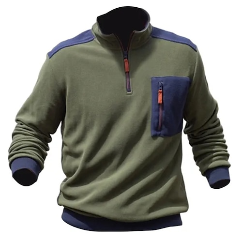 

Men's Sweatshirt Polar Fleece Quarter Zip Sweatshirt Army Green Half Zip Color Block Patchwork Pocket Sports Outdoor Daily Holiday Streetwear Casual Thin fleece Fall Winter Clothing Apparel