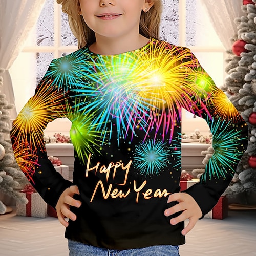 

New Year Girls' 3D Fireworks Tee Shirt Long Sleeve 3D Print Fall Winter Active Fashion Cute Polyester Kids 3-12 Years Crew Neck Outdoor Casual Daily Regular Fit