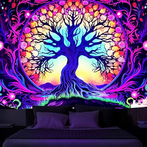 

Baum des Lebens, Schwarzlicht-Wandteppich, UV-reaktives Leuchten im Dunkeln, Boho-Trippy-Misty-Hängeteppich, Wandkunst-Wandbild für Wohnzimmer und Schlafzimmer