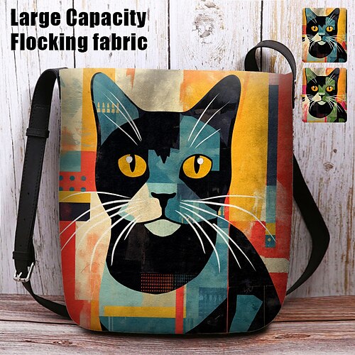 

Women's Crossbody Bag Shoulder Bag Fluffy Bag Polyester Outdoor Daily Holiday Print Large Capacity Lightweight Durable Cat Character Blue Green