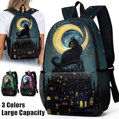 

Women's Backpack School Bag Bookbag 3D Print Commuter Backpack School Outdoor Daily Galaxy Cat Polyester Large Capacity Lightweight Durable Zipper Print Blue Fuchsia Green