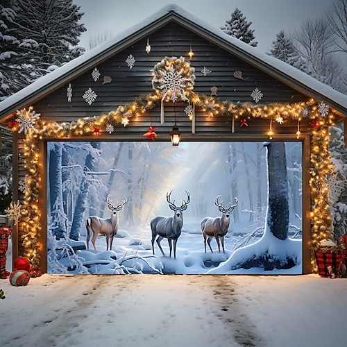 

Christmas Outdoor Garage Door Cover Reindeers Xmas Door Banner Party Large Door Mural Christmas Backdrop Decoration for Holiday Home Wall Decorations