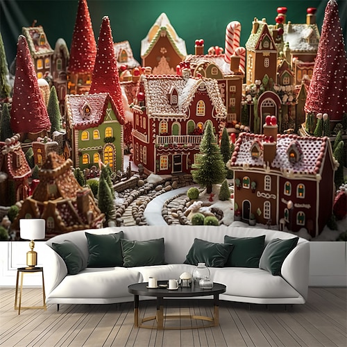 

Christmas Candy Houses City Hanging Tapestry Wall Art Xmas Large Tapestry Mural Decor Photograph Backdrop Blanket Curtain Home Bedroom Living Room Decoration