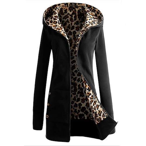 

Women's Hooded Coat Leopard Print Hooded Zipper Fleece Lined Teddy Jacket Winter Coat Warm Windproof Coat with Pockets Comtemporary Casual Jacket Long Sleeve Black