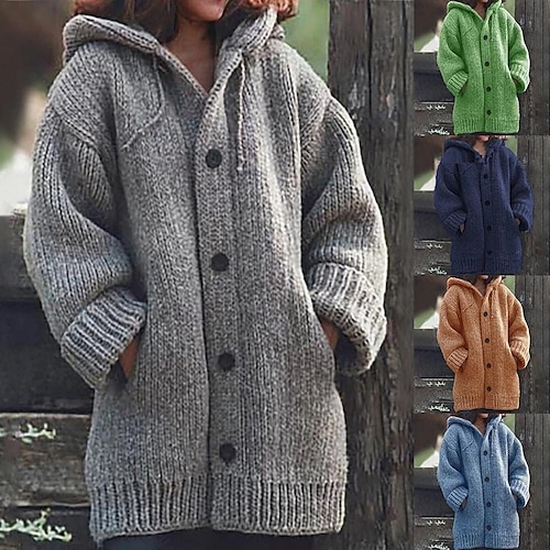 

Women's Cardigan Knitted Button Solid Colored Solid Color Basic Casual Soft Long Sleeve Loose Sweater Cardigans Hooded Open Front Fall Winter Blue Black Gray / Daily / Coat