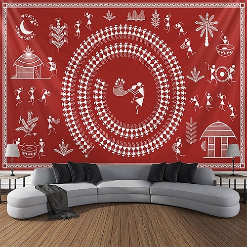 

Peinture de warli art tapisserie suspendue art mural grande tapisserie décor mural photographie toile de fond couverture rideau maison chambre salon décoration