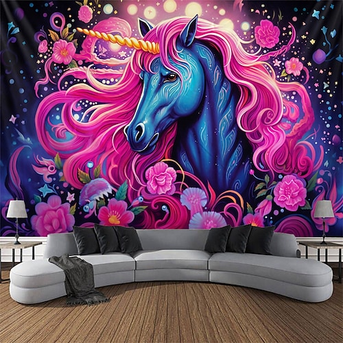 

Blacklight Tapestry UV Reactive Glow in the Floral Unicorn Animal Trippy Misty Nature Landscape Hanging Tapestry Wall Art Mural for Living Room Bedroom