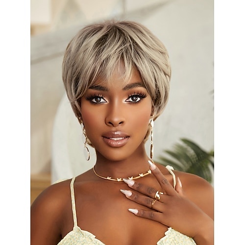 

Cosplay Costume Wig Synthetic Wig Straight kinky Straight Pixie Cut Machine Made Wig 10 inch Light golden Synthetic Hair Women's Multi-color Mixed Color