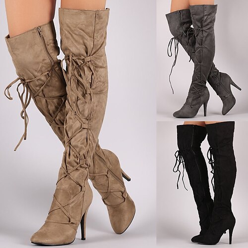 

Femme Bottes Bottes Moto Talons à lanières Grandes Tailles Extérieur Travail du quotidien Couleur unie Cuissardes Hiver Talon Aiguille Bout pointu Elégant Rétro Vintage Mode Marche Daim Lacet Gris