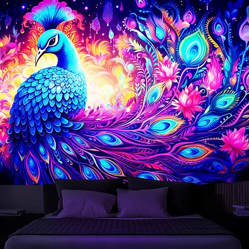 

Tapiz de luz negra, reactivo UV que brilla en la oscuridad, pavo real, animal, trippy, brumoso, paisaje natural, tapiz colgante, mural artístico de pared para sala de estar y dormitorio