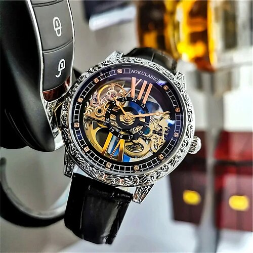 

Aokulasic hommes montre automatique auto-vent marque de luxe montres mécaniques hommes creux étanche rétro montre-bracelet