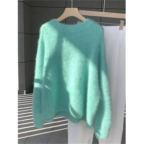 

Pull Femme Flou Tricoter Col Ras du Cou Polyester énorme Automne Hiver Normal Extérieur du quotidien Vacances Mode Vêtement de rue Flexible manche longue Couleur unie Blanche Bleu Violet S M L