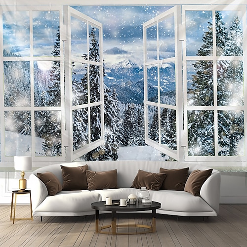 

Snow Window View Landscape Hanging Tapestry Wall Art Mountain Large Tapestry Mural Decor Photograph Backdrop Blanket Curtain Home Bedroom Living Room Decoration