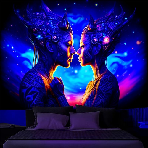 

Tapisserie à lumière noire, lueur réactive aux UV dans le couple trippy, paysage naturel brumeux, tapisserie suspendue, art mural pour salon, chambre à coucher