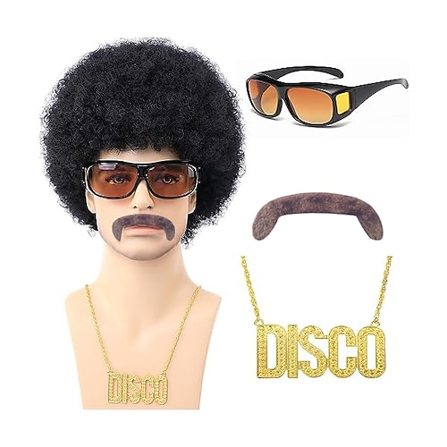 

Peruca afro dos anos 70 para homens com óculos de bigode e corrente de discoteca curta preta encaracolada peruca afro anos 70 80 rock peruca de cabelo sintético para hippie rocker traje cosplay festa