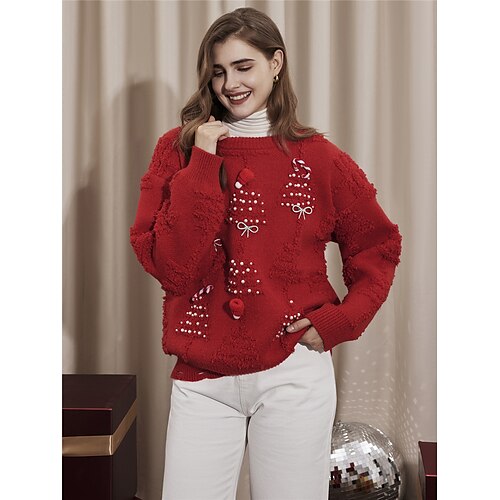 

Mujer Suéteres de Navidad Cuello Barco Estriado Tejer Poliéster De Punto Cuentas Otoño Invierno Regular Exterior Hogar Navidad Moda Estilo lindo Casual Manga Larga Árbol de Navidad Rojo S M L