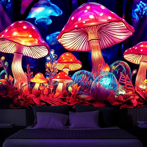  cogumelo fantasia luz negra tapeçaria brilha no escuro festa brilhante uv reativo psicodélico paisagem natural tapeçaria pendurada arte de parede mural para sala de estar quarto
