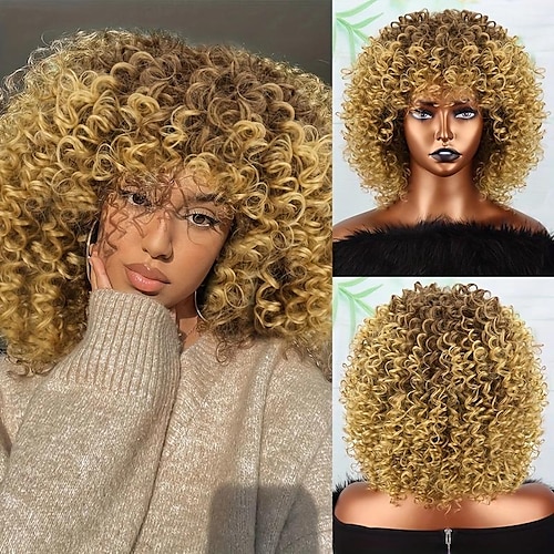 

Flauschige goldene Afro-Lockenperücke mit Pony – kurze verworrene synthetische Perücke für Frauen