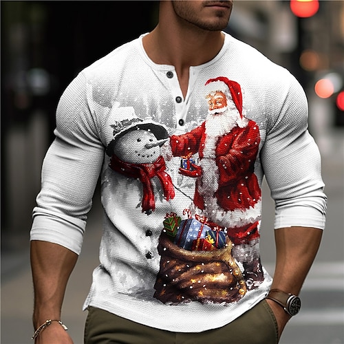

Graphic Santa Claus Snowman Fashion Designer Casual Men's 3D Print Henley Shirt Waffle T Shirt Sports Outdoor Holiday Festival Christmas T shirt Blue Red & White Orange Long Sleeve Henley Shirt