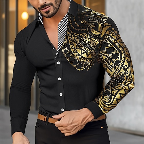 

Men's Shirt Button Up Shirt Casual Shirt Black White Wine Long Sleeve Bronzing Lapel Spring & Fall Office & Career Wedding Party Clothing Apparel Patchwork