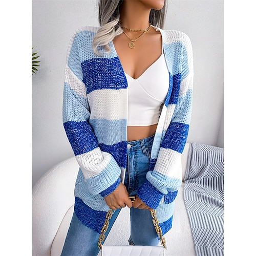 

Women's Cardigan Crew Neck Ribbed Knit Acrylic Knitted Fall Winter Regular Outdoor Daily Going out Fashion Casual Soft Long Sleeve Color Block Striped Black Wine Blue S M L