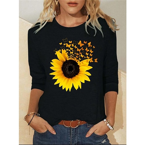 

Women's T shirt Tee Cotton Butterfly Sunflower Print Holiday Weekend Fashion Long Sleeve Round Neck Black Spring & Fall