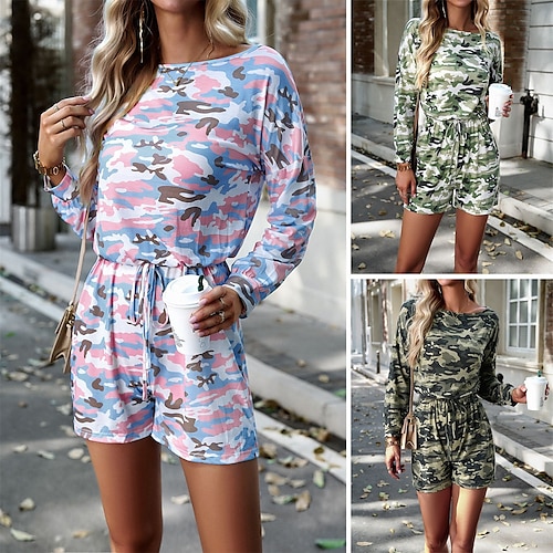 

Women's Romper Print Drawstring Camo / Camouflage Round Neck Active Daily Vacation Regular Fit Long Sleeve Light Green Pink Army Green S M L Fall